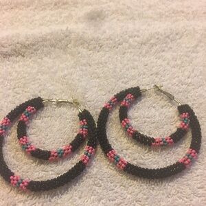 Crazy Train Black Hoop Earrings with Pink & Turquoise Bead Flowers